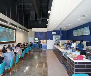 interior photo of restaurant with with blue walls